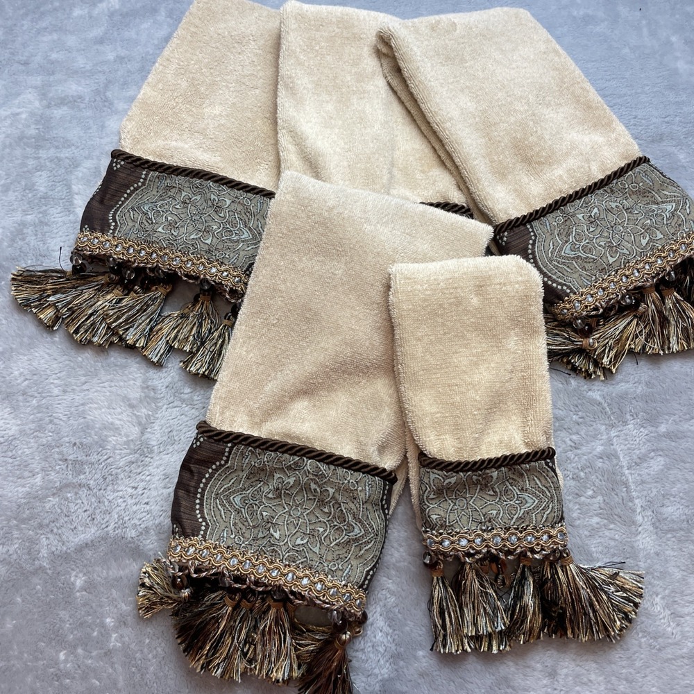 5 Pc Set Croscill Beaded Tasseled Towels 4 Hand 1 Fingertip Beige Brown Regency‎